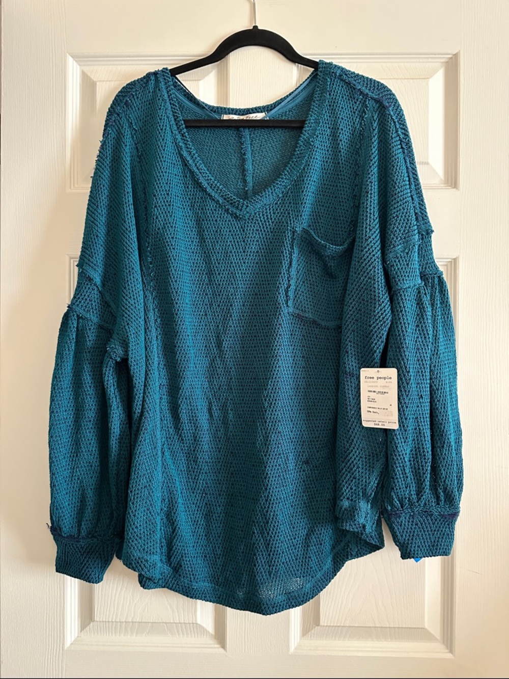 NWT Free People We The Free Lagoon Combo Boho Deap Teal Balloon Sleeve Knit Top